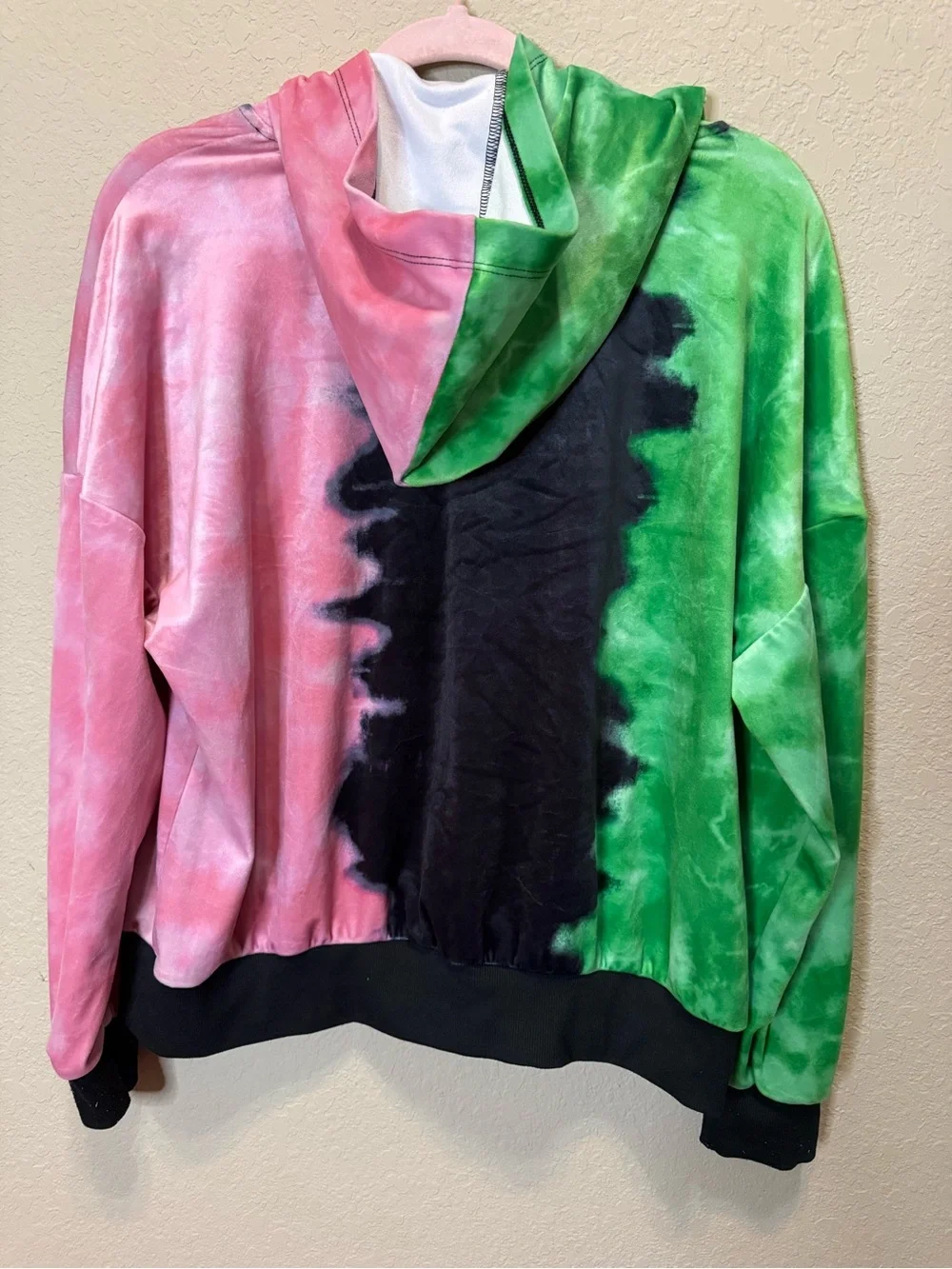 Justice Velour Tie-Dye 'Wicked' Hooded Sweatshirt in Green, Pink & Black